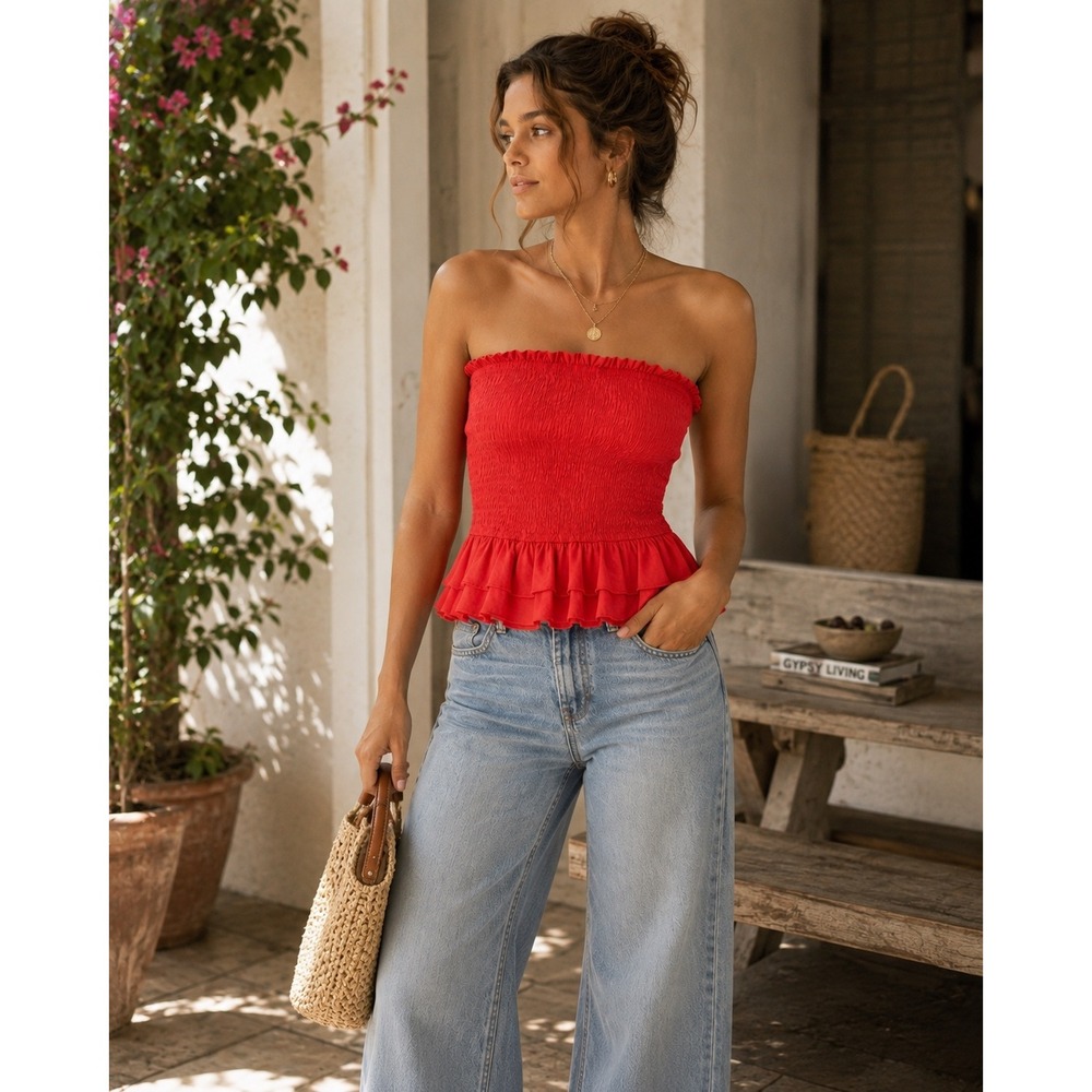 Smocked Strapless Top Coral Red Ruffle Boho Coquette Cottagecore L